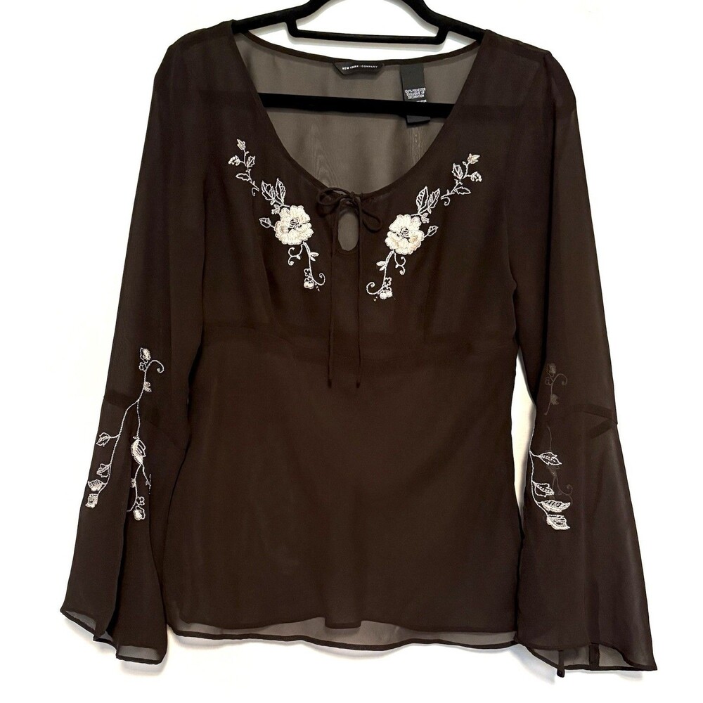 Vintage Y2K Sheer Babydoll Blouse NY&Co Sz M Chocolate Brown Floral Embroidered